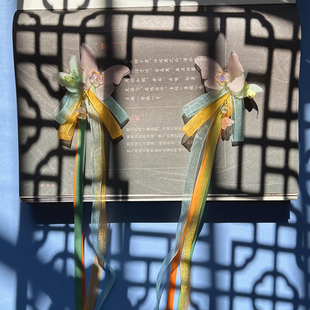 汉服儿童头饰女古风超仙绢花飘带夹子蝴蝶发饰短发丝带对夹饰品