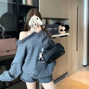 新款 毛领斜肩宽松套头毛衣拼接毛衣针织小众2025秋季 品质