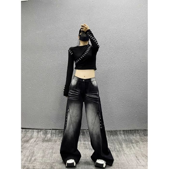 黑色渐变设计感阔腿牛仔裤女2025年春秋新款宽松高腰梨型身材裤子