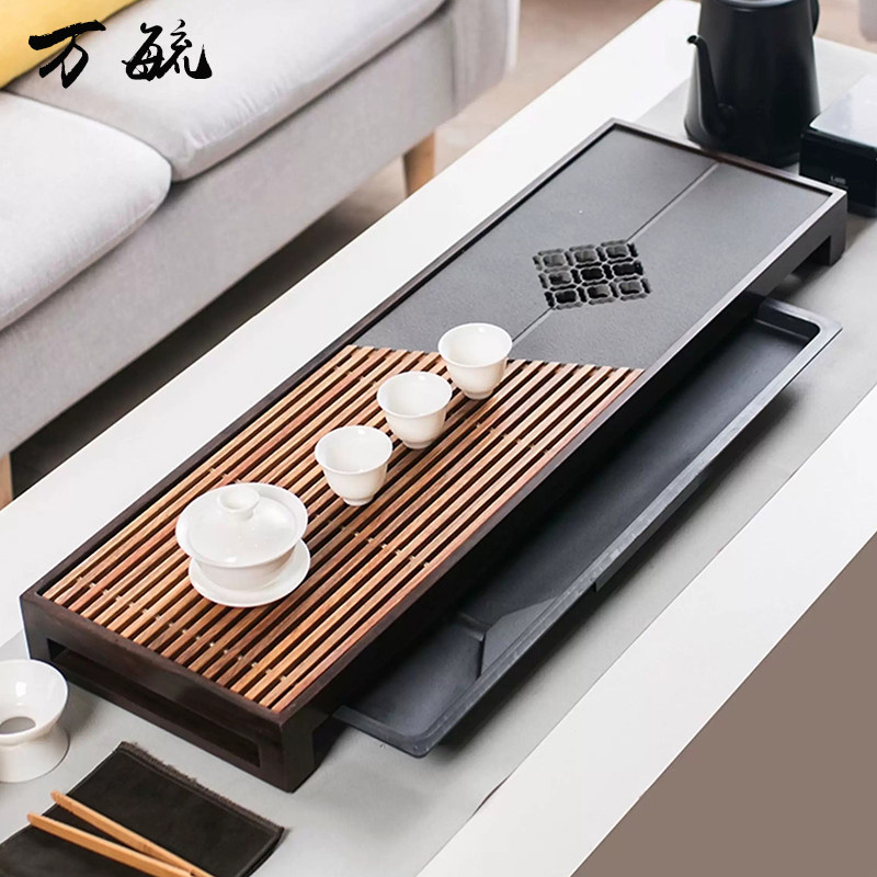 茶盘乌金石黑檀木茶台抽屉式储水茶海家用简约花梨木茶具办公室用