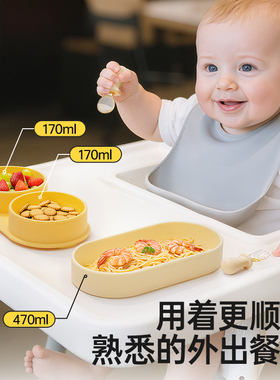 爱咔威IKV宝宝外出餐盘吸盘分格一体式婴儿学吃饭训练硅胶辅食碗