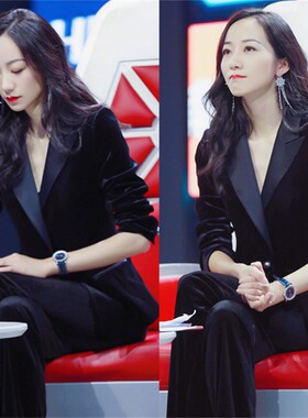 韩国春秋金丝绒西装套装女休闲时尚气质职业OL黑色西服长裤两件套