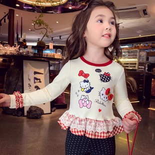 女童春装长袖T恤新款小女孩打底衫芭蕾风拼接荷叶边春秋女宝上衣
