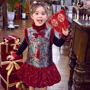 女童旗袍裙冬装2025新款儿童国风织锦提花亮片夹棉加厚公主连衣裙