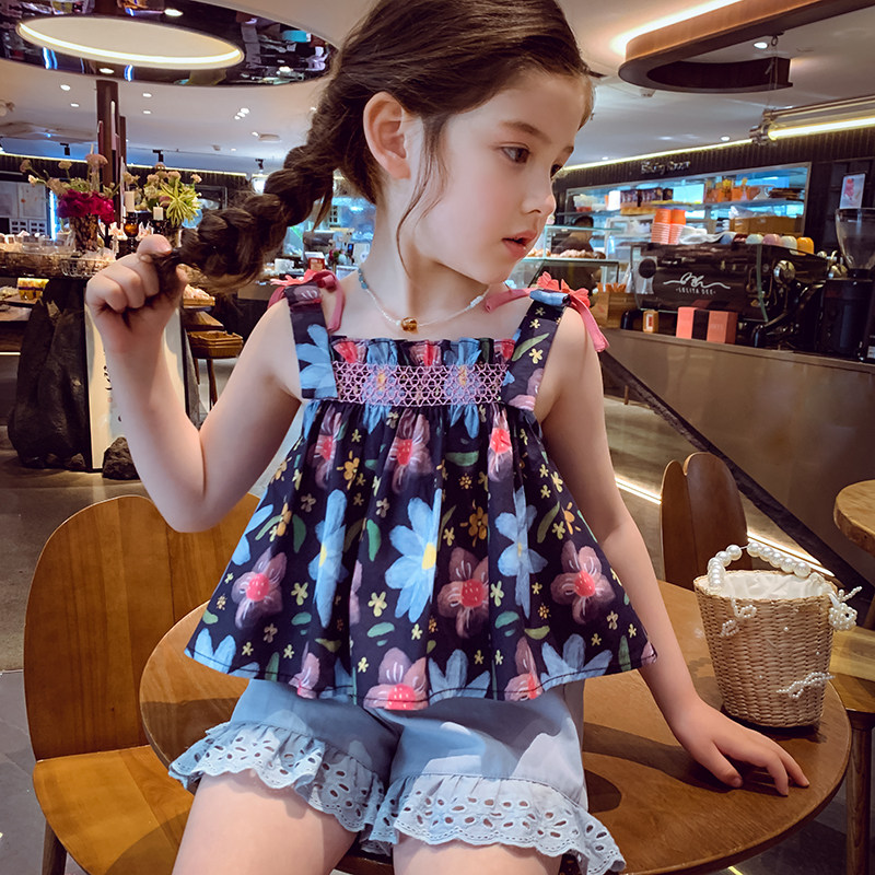 女童吊带套装新款洋气夏装小女孩碎花清凉背心短裤儿童两件套