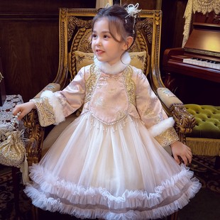 女童加绒旗袍裙冬2025新款儿童国风拜年裙女孩织锦网纱公主连衣裙