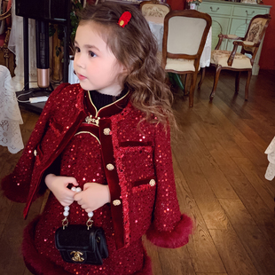 亮片新中式 女童小香风套装 儿童韩版 2025新款 外套背心裙两件套 冬装