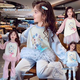 女童春装两件套2026新款儿童韩版卡通插肩袖长袖卫衣喇叭裤两件套