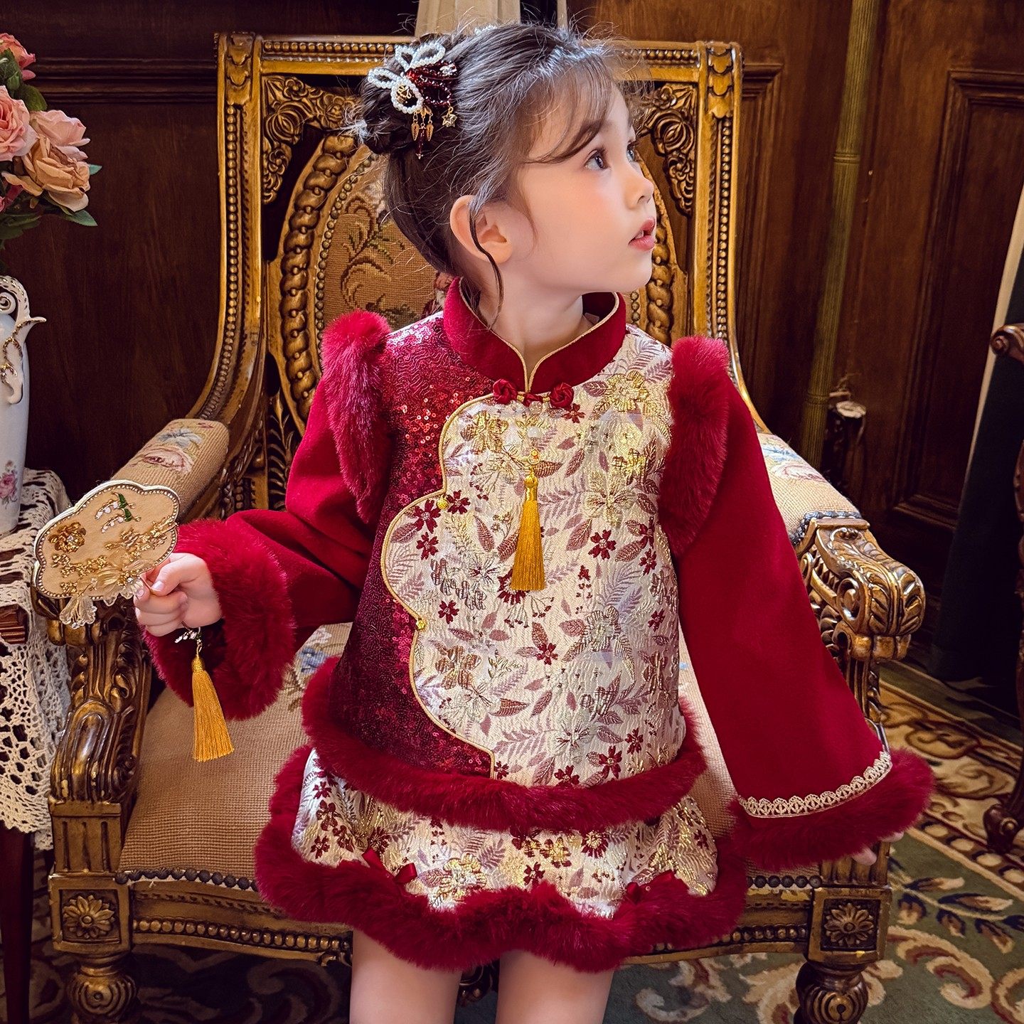 女童国风套装冬装2026新款儿童拜年新中式织锦夹棉外套短裙两件套,童装/婴儿装/亲子装,套装,淘宝优惠券,粉丝福利购,淘宝优惠卷