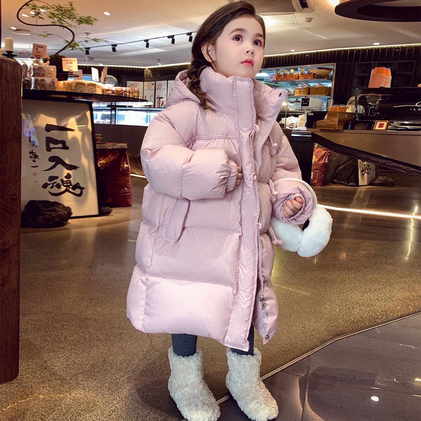 女童百搭纯色白鸭绒长款外套