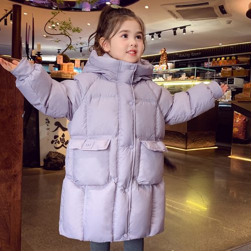 女童白鸭绒连帽长款羽绒服