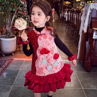 女童旗袍裙冬装2026新款儿童新中式提花亮片花边夹棉背心裙连衣裙