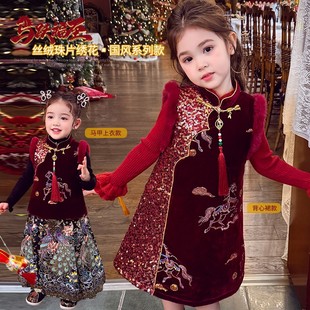 女童夹棉新年裙冬2025新款儿童国风拜年丝绒旗袍裙女孩马年连衣裙