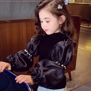 女童毛衣冬装2025新款儿童韩版宫廷风泡泡袖上衣小女孩针织打底衫