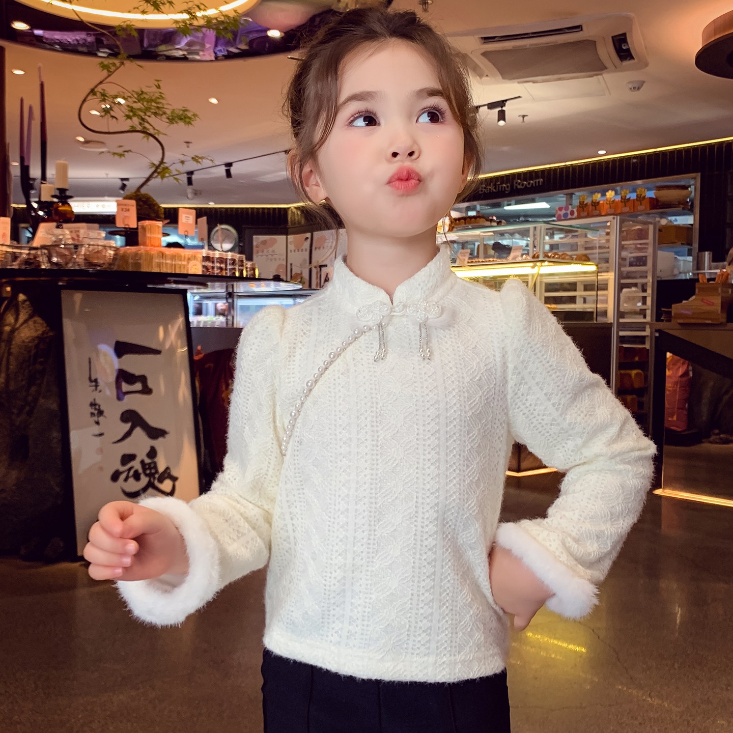 女童蕾丝打底衫秋装2025新款儿童立领新中式上衣女孩网红长袖内搭