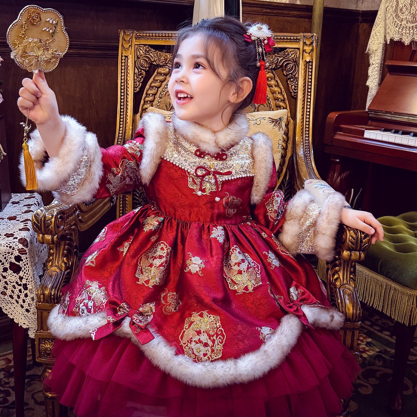 女童加绒旗袍裙冬2025新款儿童国风织锦提花拜年服洛丽塔公主裙子,童装/婴儿装/亲子装,旗袍,淘宝优惠券,粉丝福利购,淘宝优惠卷
