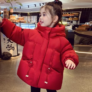 女童国风羽绒服冬装2025新款儿童韩版新中式新年红色外套90白鸭绒