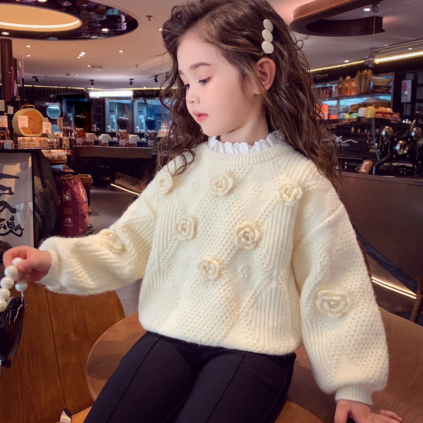 女童花朵毛衣冬装2025新款儿童银丝麻花针织衫小女孩长袖圆领上衣