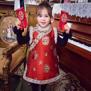 女童旗袍裙冬装2025新款儿童国风新中式织锦提花夹棉背心裙拜年服