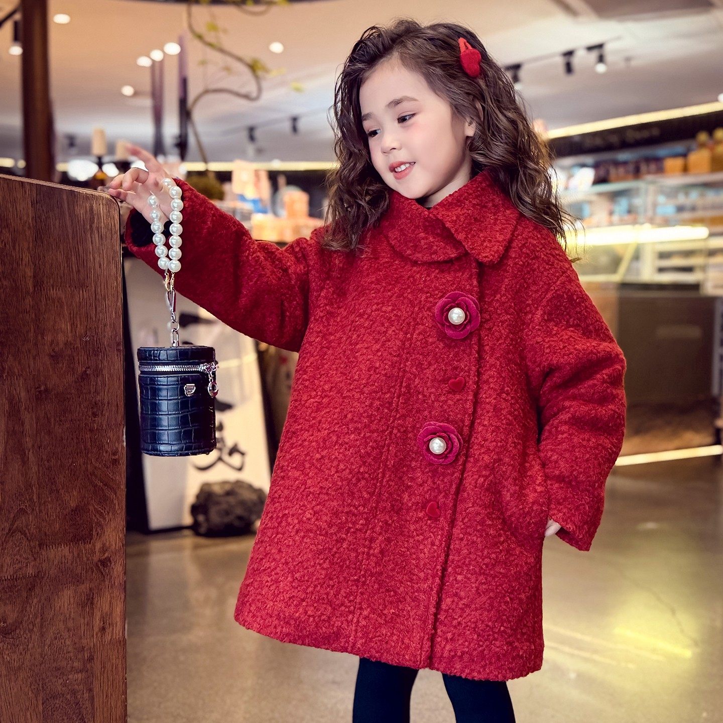 女童中长款外套冬装2025新款小女孩韩版夹棉加厚新年呢子红色大衣