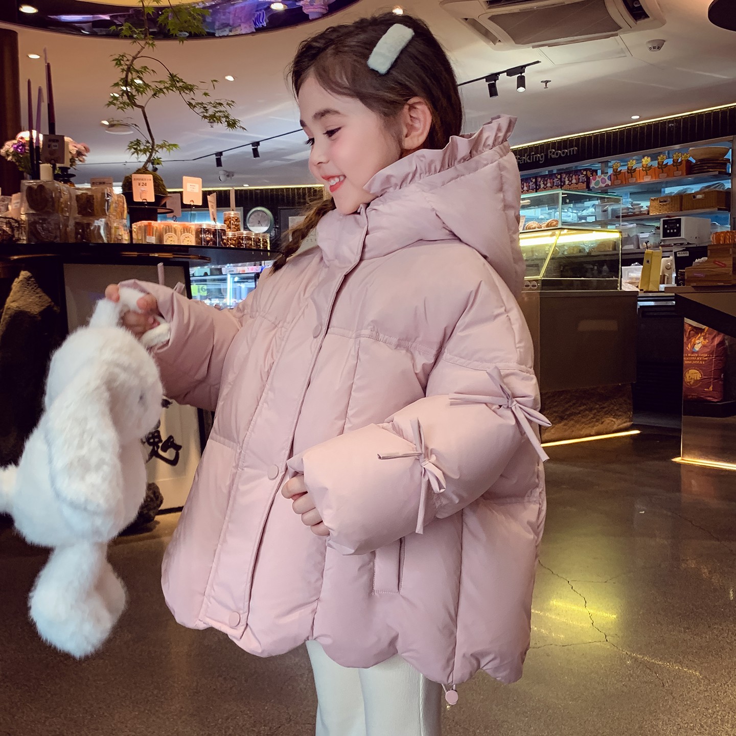 女童白鸭绒粉色连帽羽绒服外套