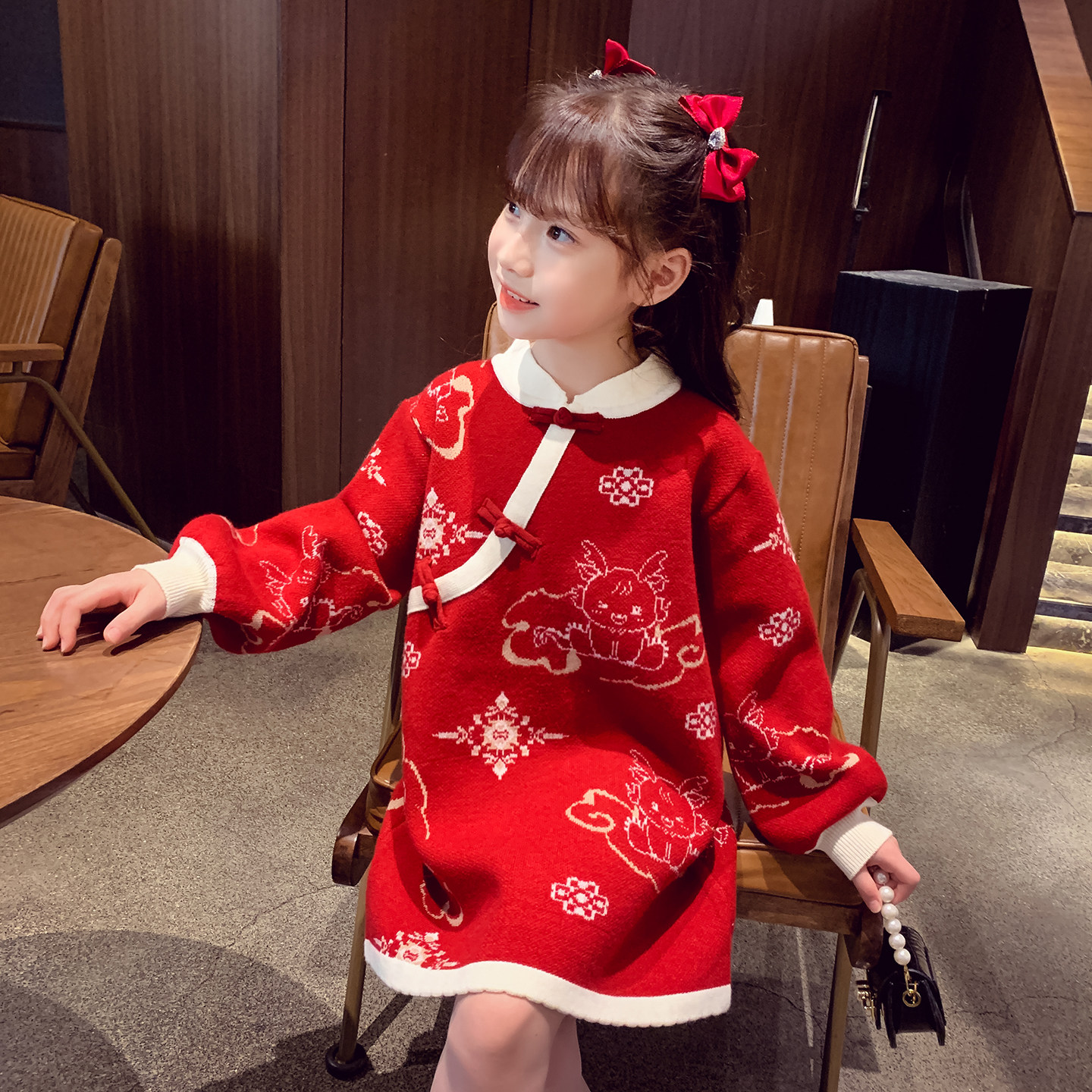 女童中国风针织连衣裙春秋2025新款小女孩洋气公主裙新年拜年衣服,童装/婴儿装/亲子装,连衣裙,淘宝优惠券,粉丝福利购,淘宝优惠卷