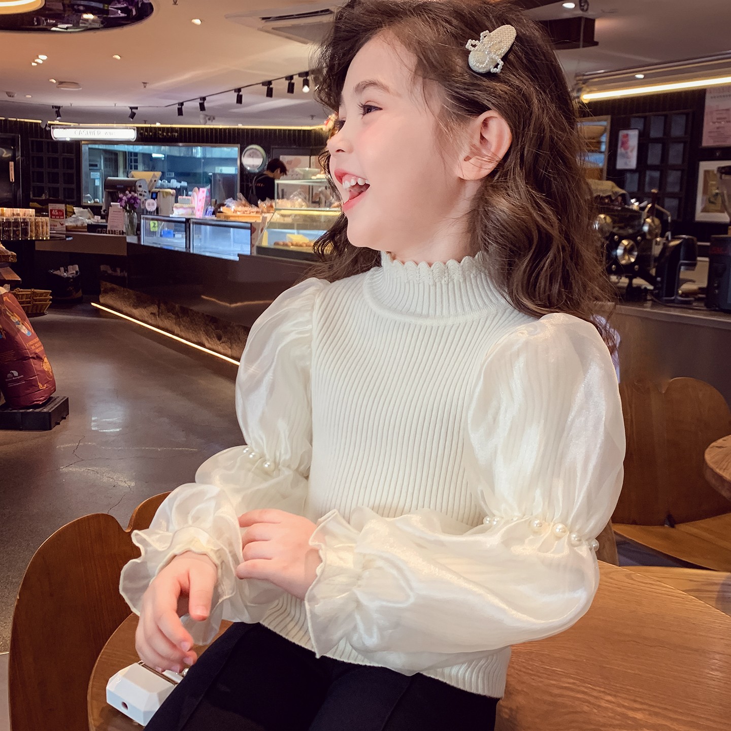 女童中高领针织泡泡袖毛衣