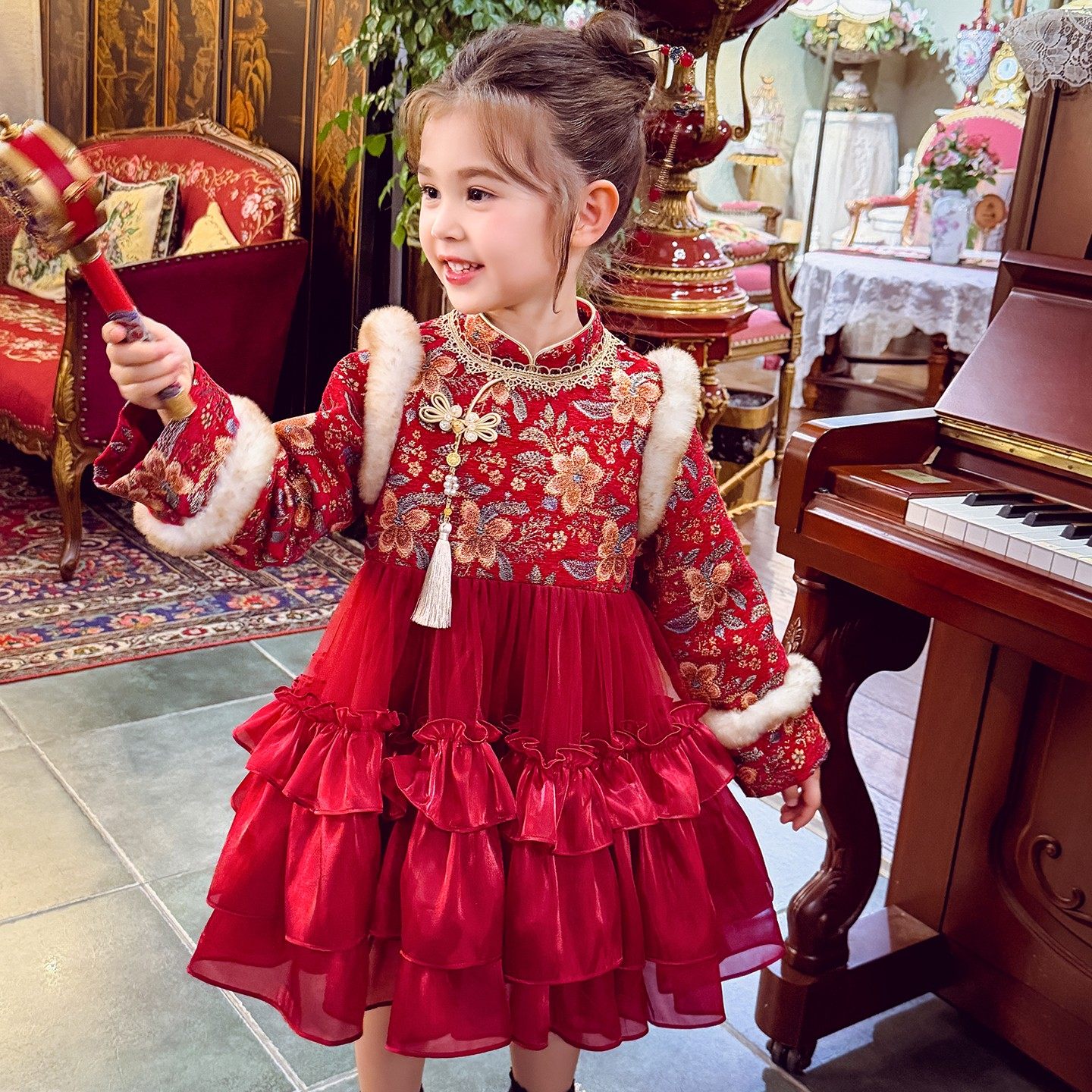 女童新年裙冬2025新款加绒国风拜年红色旗袍裙蛋糕蓬蓬公主连衣裙,童装/婴儿装/亲子装,旗袍,淘宝优惠券,粉丝福利购,淘宝优惠卷