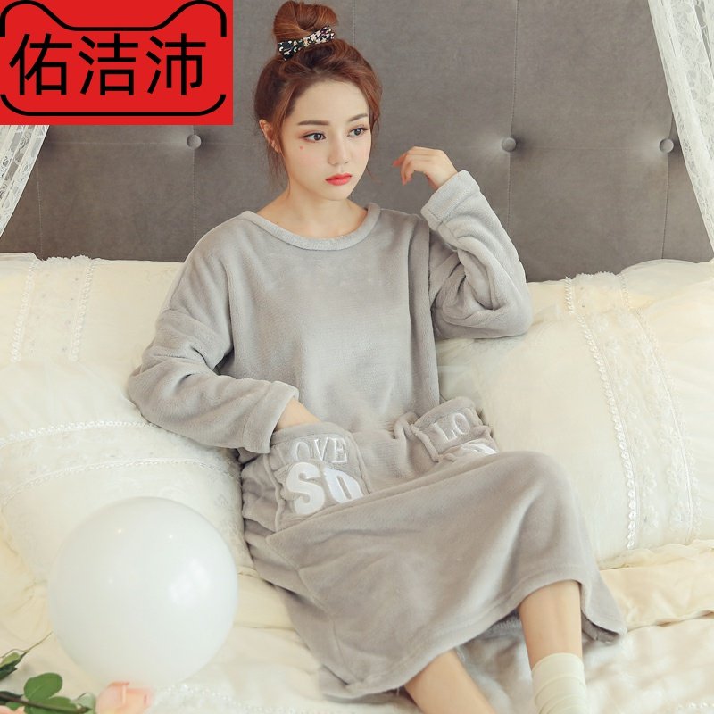 睡裙女春秋季中长款法兰绒睡衣女长袖连体加厚加绒保暖韩版珊瑚绒