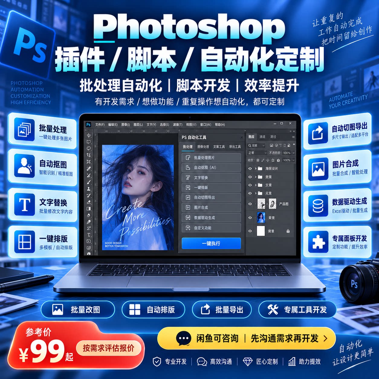 Photoshop脚本插件定制 PS批量处理自动抠图文字替换一键排版自动图片