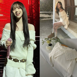 现货柳智敏同款韩国Polysooem一字领露肩毛衣女新款薄款针织上衣