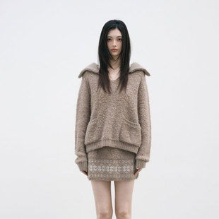 labelleblanc新款 宽松慵懒风毛衣雪花半裙短裙女 秋冬翻领针织套装