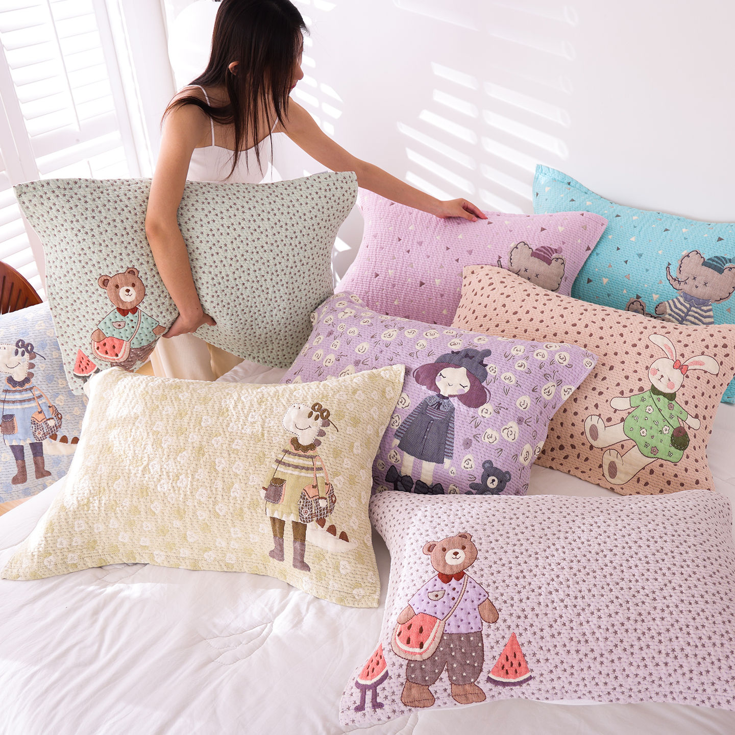 卡通纯棉纱布枕巾一对装亲肤透气