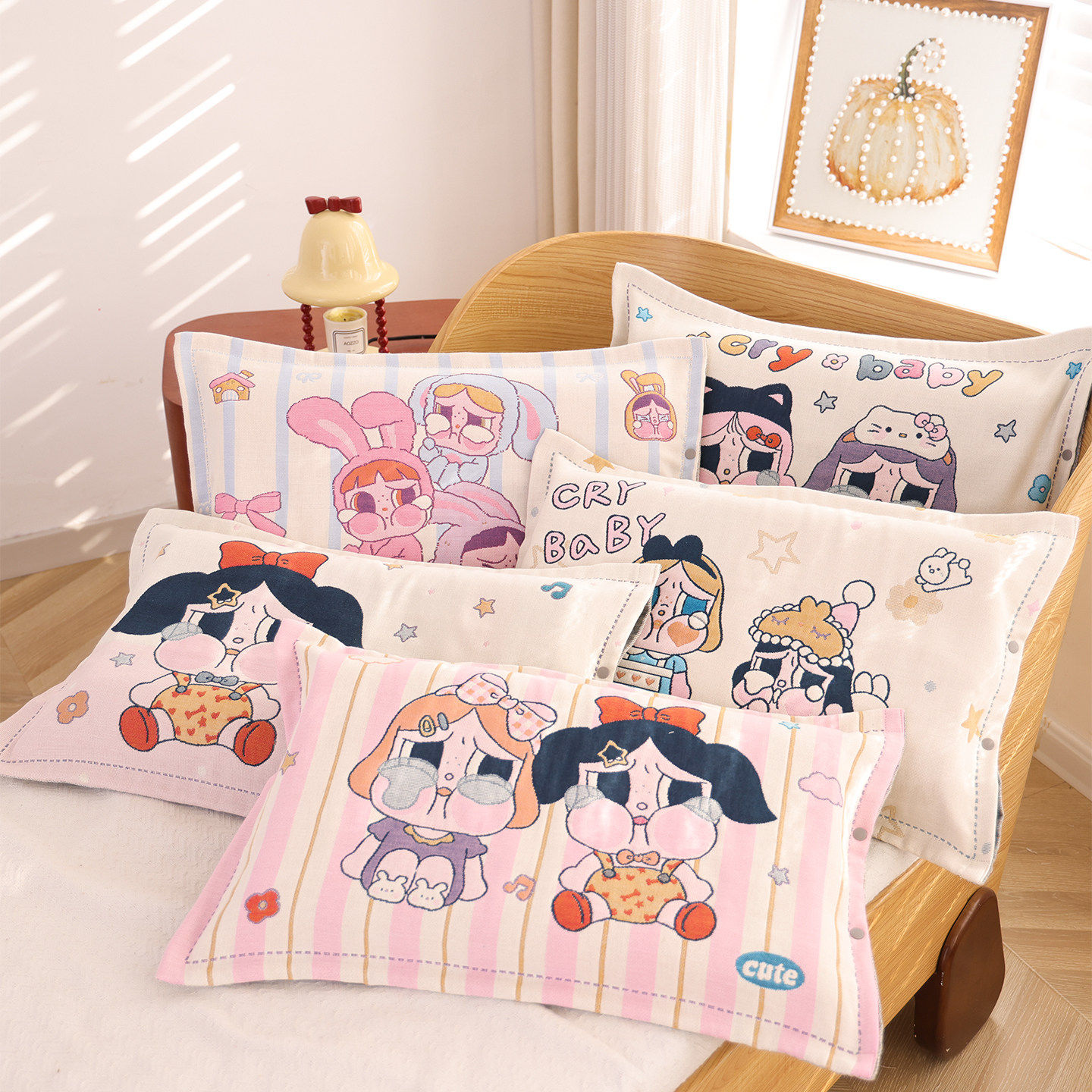 按扣式纯棉纱布儿童枕套一对装四季卡通全棉不脱落提花枕芯内胆套