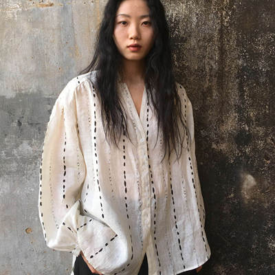 Fist to Fist  法国进口100%亚麻  水滴印花大廓形长袖衬衫FC0013