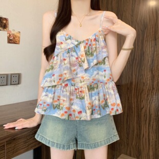 荷叶边度假风吊带背心女夏季微胖MM显瘦甜美碎花小衫外穿无袖上衣