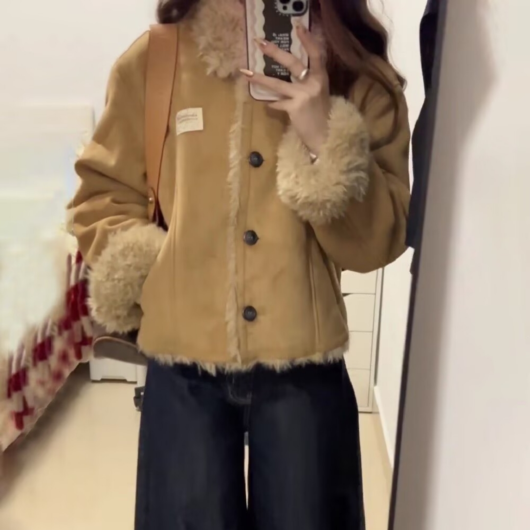 复古加绒加厚麂皮棉衣外套女冬季2025新款小个子翻领保暖短款上衣
