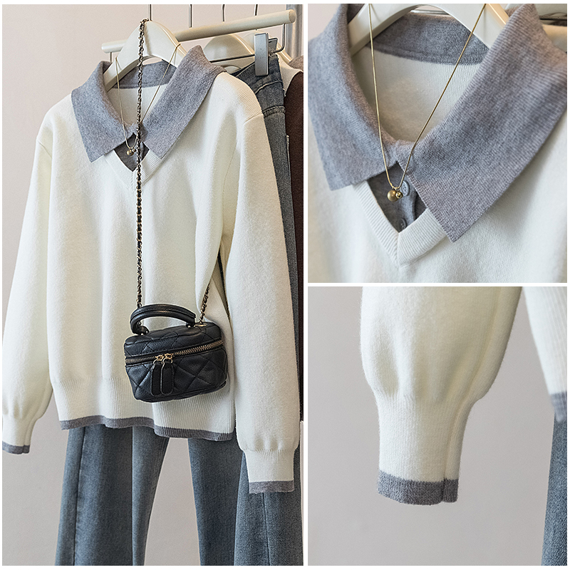 实拍胖mm学院风假两件穿搭衬衫领拼接针织衫秋冬新款拼色减龄毛衣