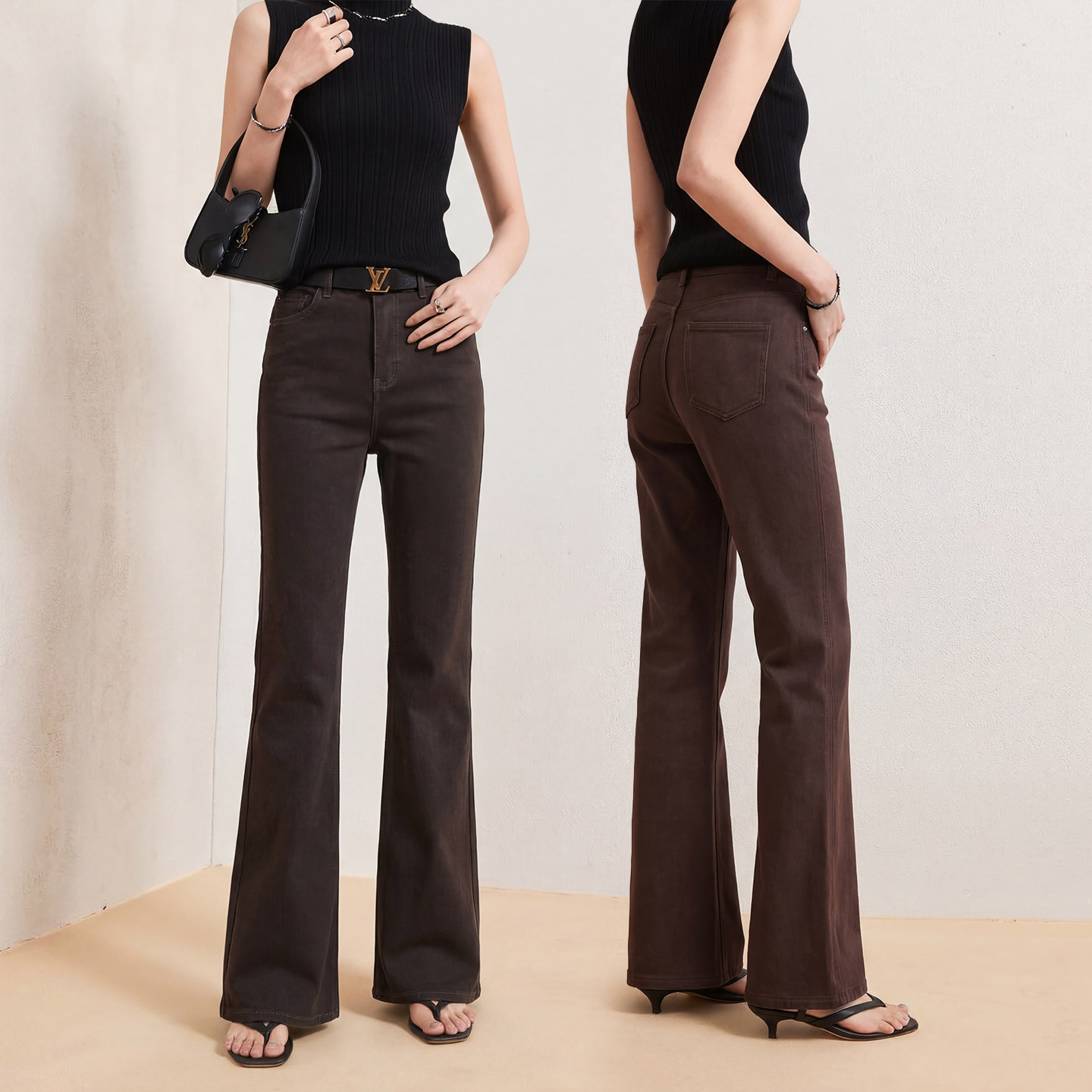 JLIAN 美拉德棕色高腰微喇牛仔裤女2026春新款直筒弹力超模喇叭裤