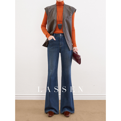 LASSEN「超模腿」蓝色修身加绒微喇牛仔裤女冬加厚梨形显瘦喇叭裤