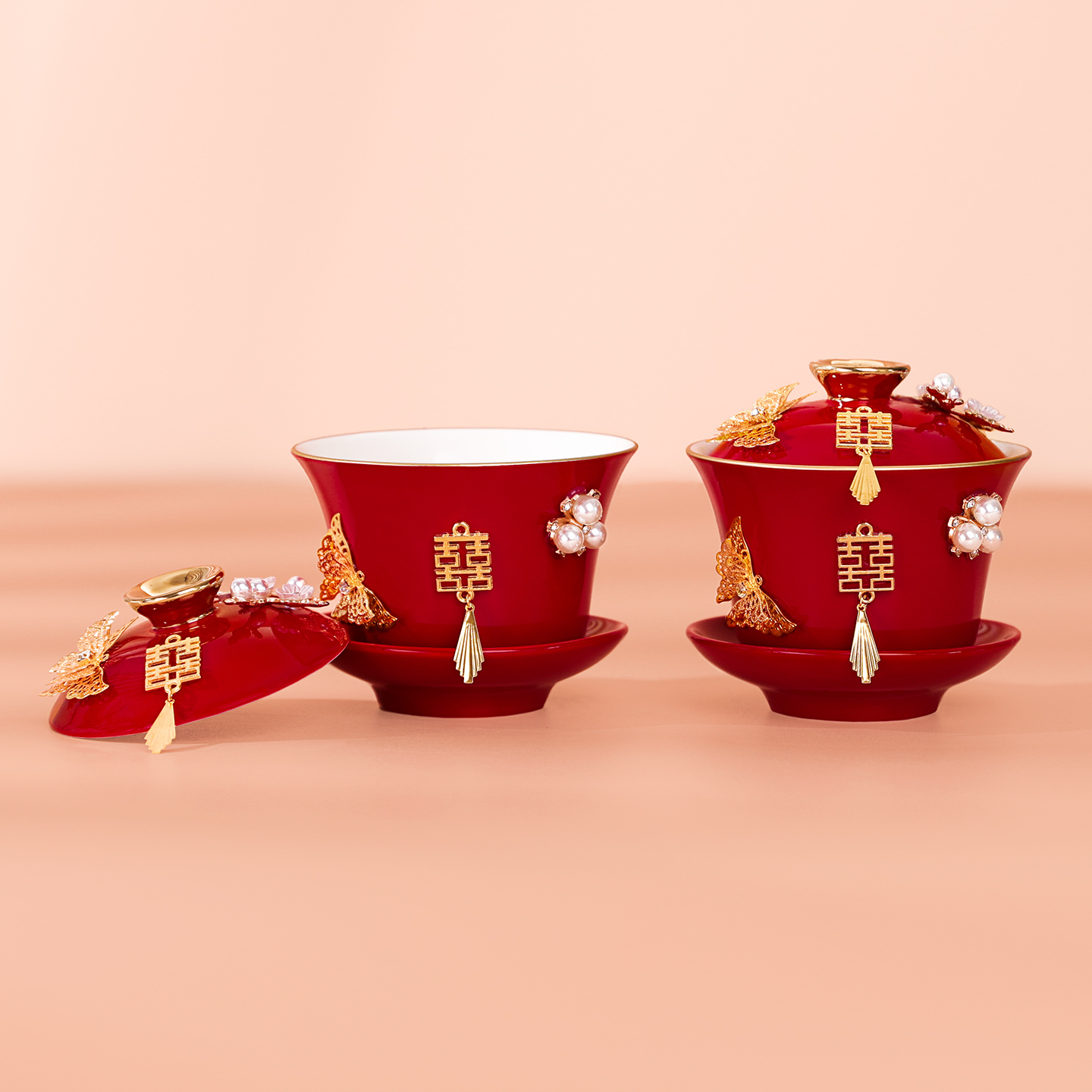 结婚敬茶杯套装陪嫁婚礼红色茶具