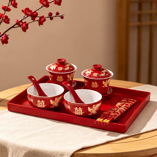 改口敬茶杯结婚陪嫁红色喜碗筷