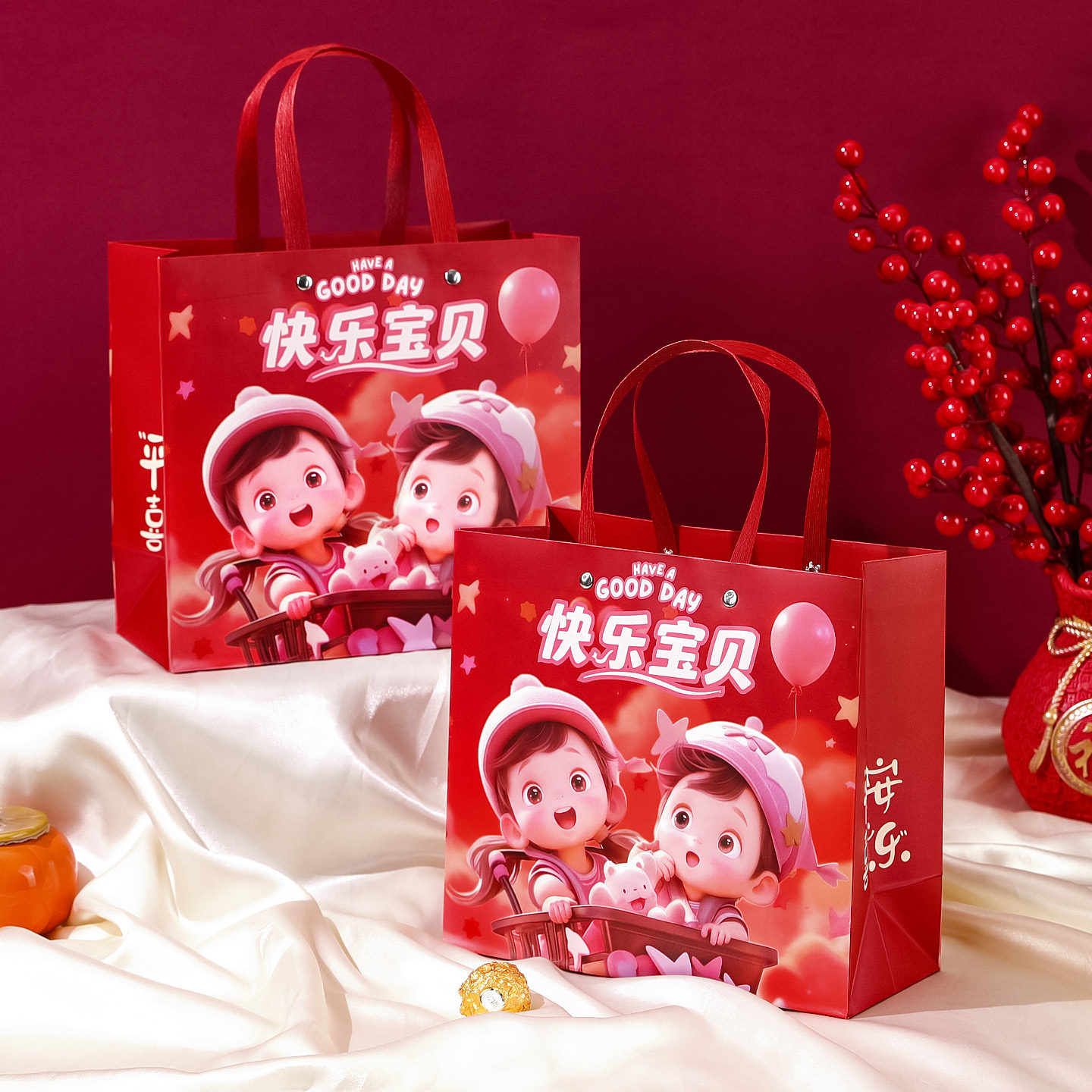 宝宝满月礼盒周岁伴手礼手提袋子儿童生日喜饼喜蛋袋大号喜糖盒子