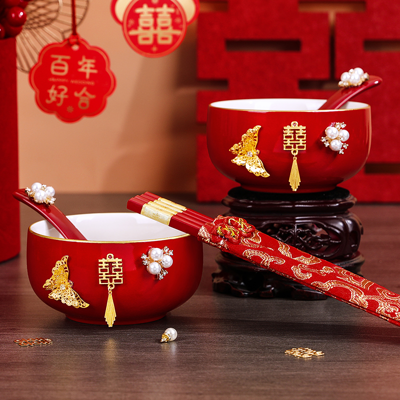结婚敬茶杯婚礼陪嫁红色喜碗筷