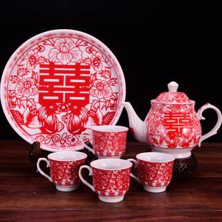 结婚茶具红色茶壶茶创陶瓷礼杯品礼物意中式婚礼敬套装托盘