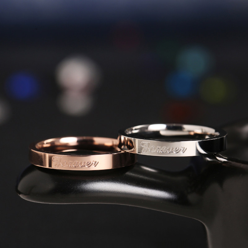 日式轻奢戒指网红简约钛钢18k玫瑰金情侣对戒食指环素圈chic潮人