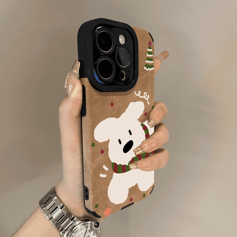 韩风ins秋冬围巾白狗手机壳适用苹果16promax新款iphone14翻毛皮15pro硅胶13磨砂12女款11精孔xr全包防摔软壳
