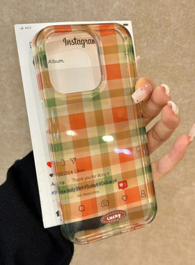 小众半透色复古绿色格纹拼接16pro适用苹果16创意iPhone15promax14高级13promax手机壳防摔小众16promax女12