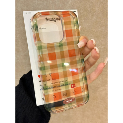 小众半透色复古绿色格纹拼接16pro适用苹果16创意iPhone15promax14高级13promax手机壳防摔小众16promax女12