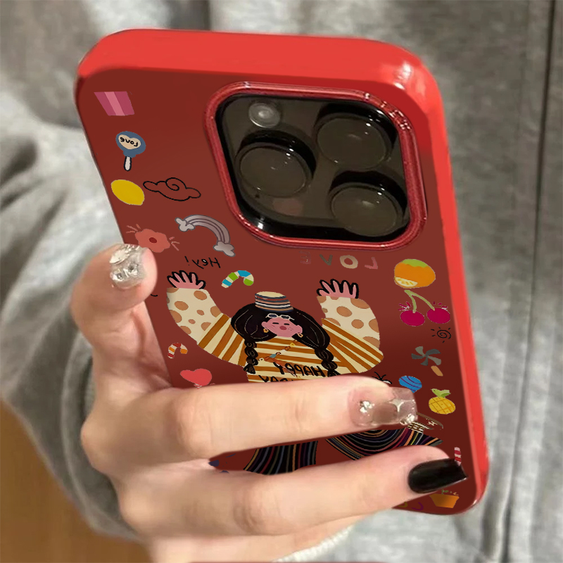 涂鸦快乐女孩适用苹果15promax可爱手机壳iphone14pro新款16promax新年卡通13少女12保护套防摔11酒红软壳xs